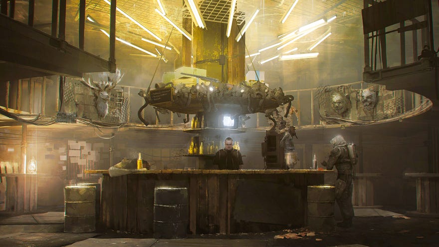 Concept art of a bar scene in Stalker 2, with a character behind the bar looking at the camera.