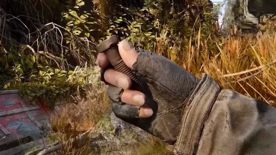 A close-up of a Bolt held in the hand of the player character in a field in Stalker 2.
