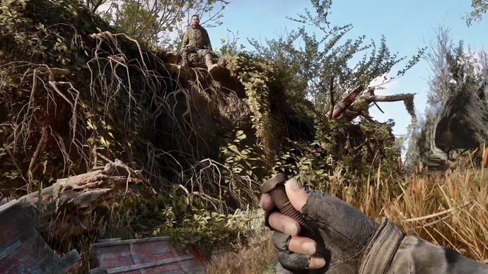 The player in Stalker 2 holds a Bolt in their hand in a field, while Richter, a key character from the game, sits on an overlook in front of them.