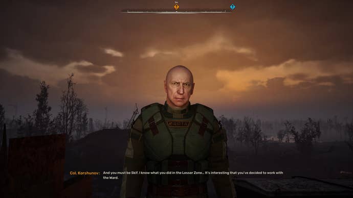 The player in Stalker 2 engages in conversation with Colonel Korshunov outside.