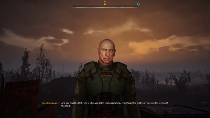 The player in Stalker 2 engages in conversation with Colonel Korshunov outside.