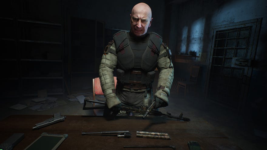 A close-up of Colonel Korshunov, a key character in Stalker 2, bending over a table in a darkened room and looking at the player camera.