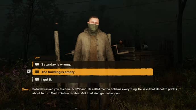 The player in Stalker 2 speaks to Dew at night outside during the “The Lost Boys” quest.