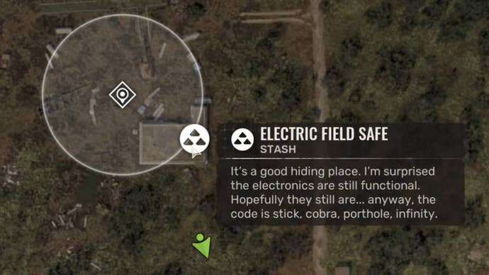 A close-up of the Electric Safe Field Stash tooltip on the Stalker 2 map.