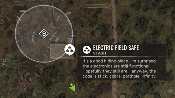 A close-up of the Electric Safe Field Stash tooltip on the Stalker 2 map.