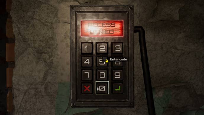 A close-up of a keycode machine on the wall in Stalker 2. The display reads “ACCESS DENIED” in red.