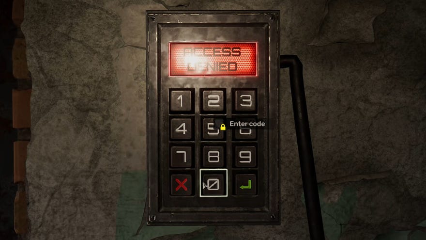 A close-up of a keycode machine on the wall in Stalker 2. The display reads “ACCESS DENIED” in red.