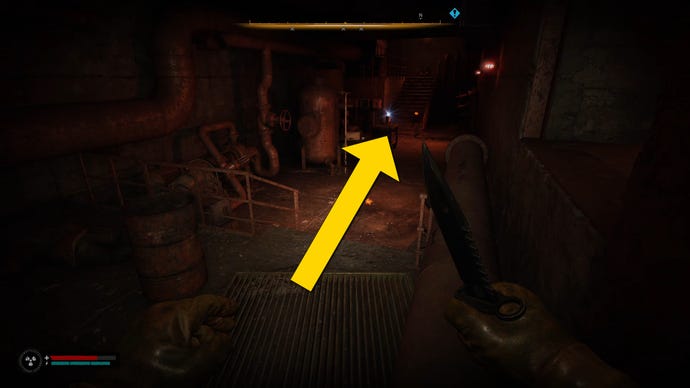 The player in Stalker 2 heads down a dark underground walkway, past a series of anomalies.