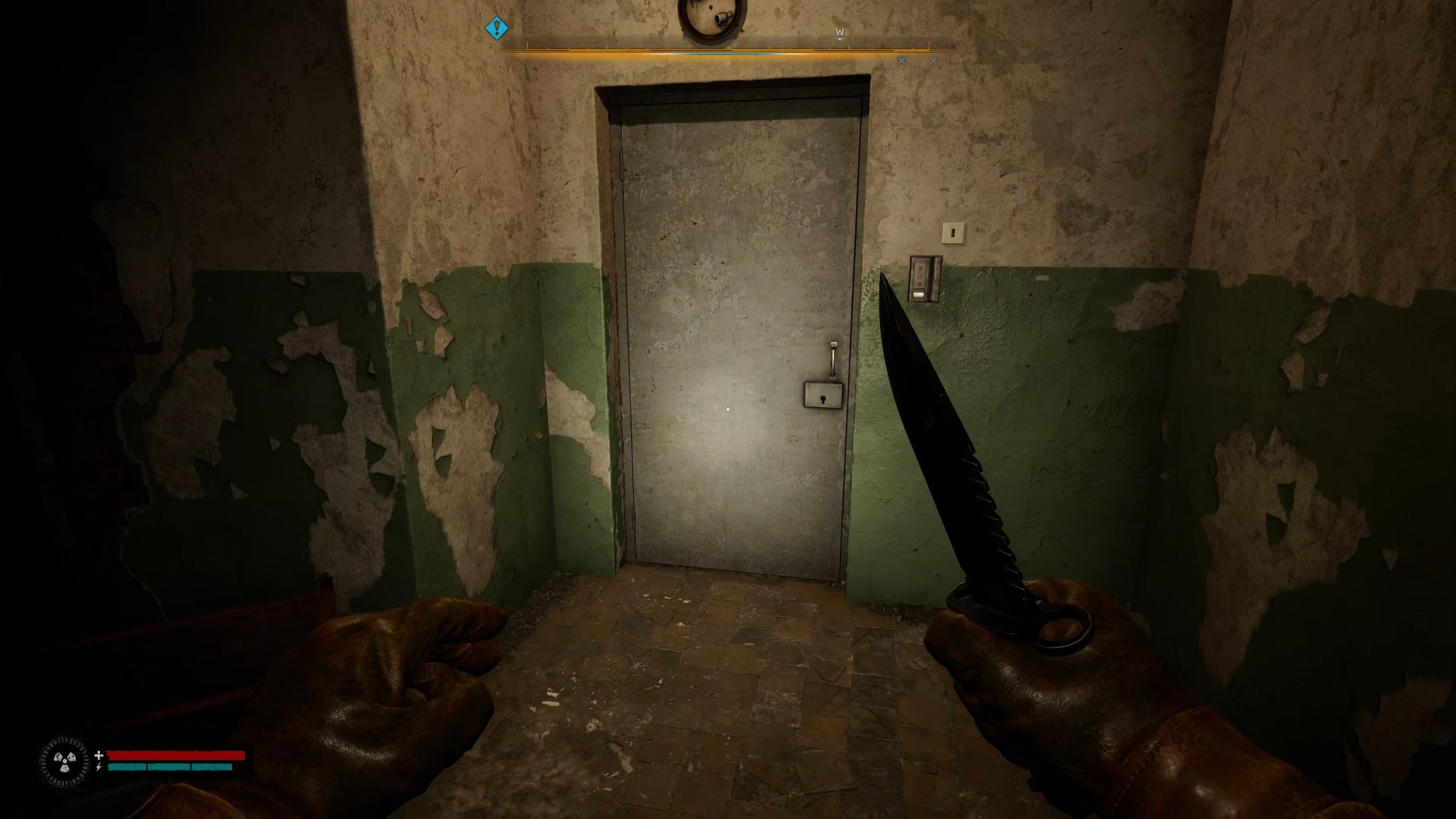 The player in Stalker 2 stands, knife in hand, before the locked workshop door in Garbage. - 1