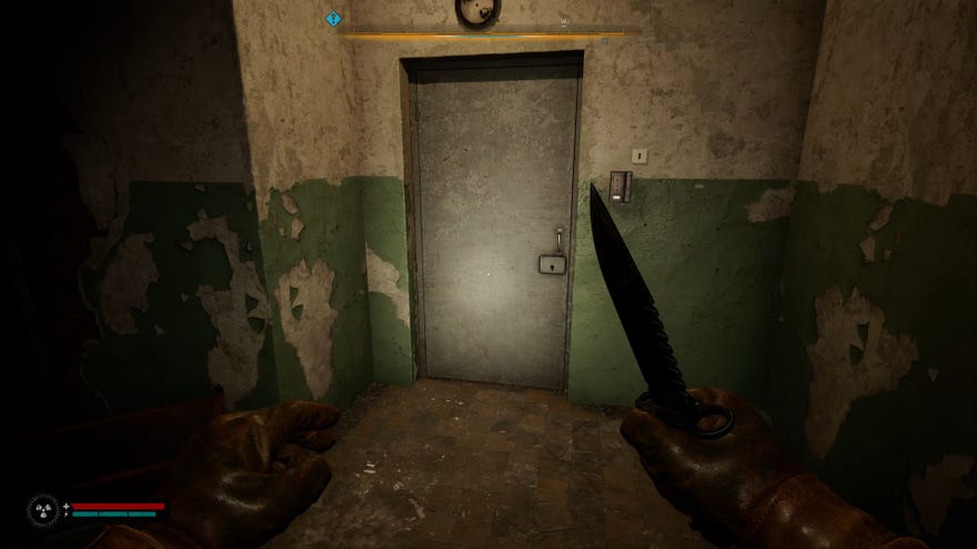 The player in Stalker 2 stands, knife in hand, before the locked workshop door in Garbage.