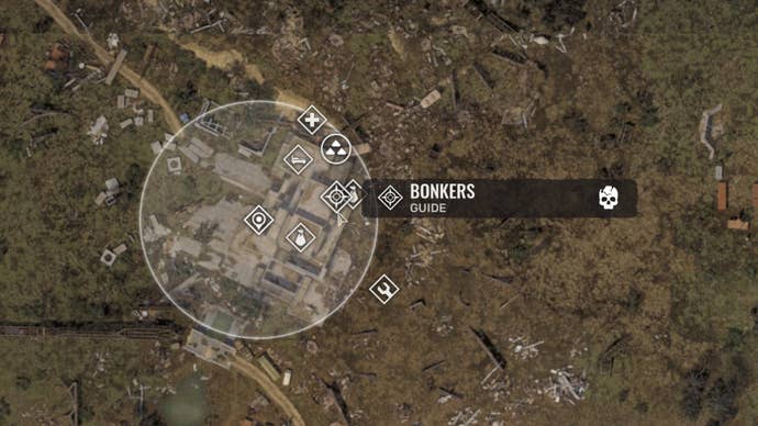 Part of the Stalker 2 map focusing in on the settlement of Slag Heap, with the location of Bonkers marked.
