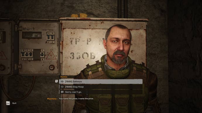 The player in Stalker 2 speaks to Machine, a Guide at Wild Island who the player can pay to fast travel to other major settlements.