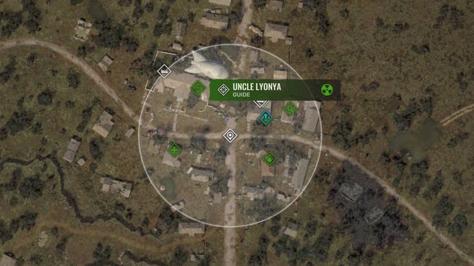 Part of the Stalker 2 map focusing in on the settlement of Zalisyya, with the location of Uncle Lyonya marked.