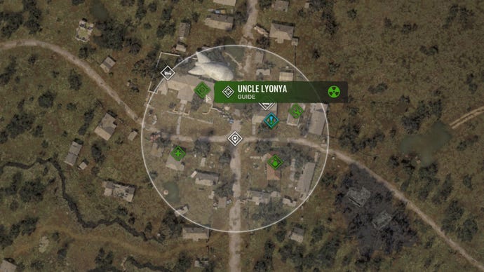 Part of the Stalker 2 map focusing in on the settlement of Zalisyya, with the location of Uncle Lyonya marked.