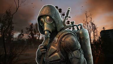 Stalker 2 artwork showing a hooded stalker in a gas mask superimposed over a post-apocalyptic scene featuring a dilapidated ferris wheel.