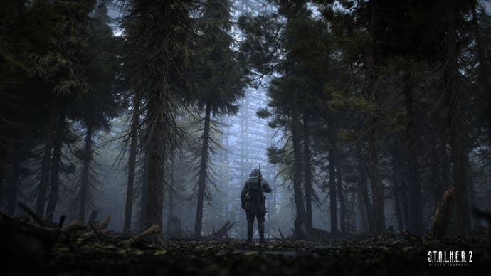 Walking through a dark pine forest in S.T.A.L.K.E.R 2