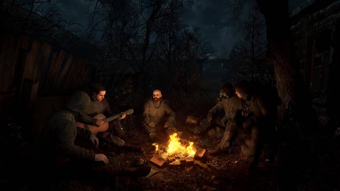 Some soldiers around a campfire in STALKER. 2: Heart of Chornobyl