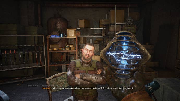 The player holds an electricity-charged artifact in front of them while speaking to a merchant in Stalker 2: Heart of Chornobyl.