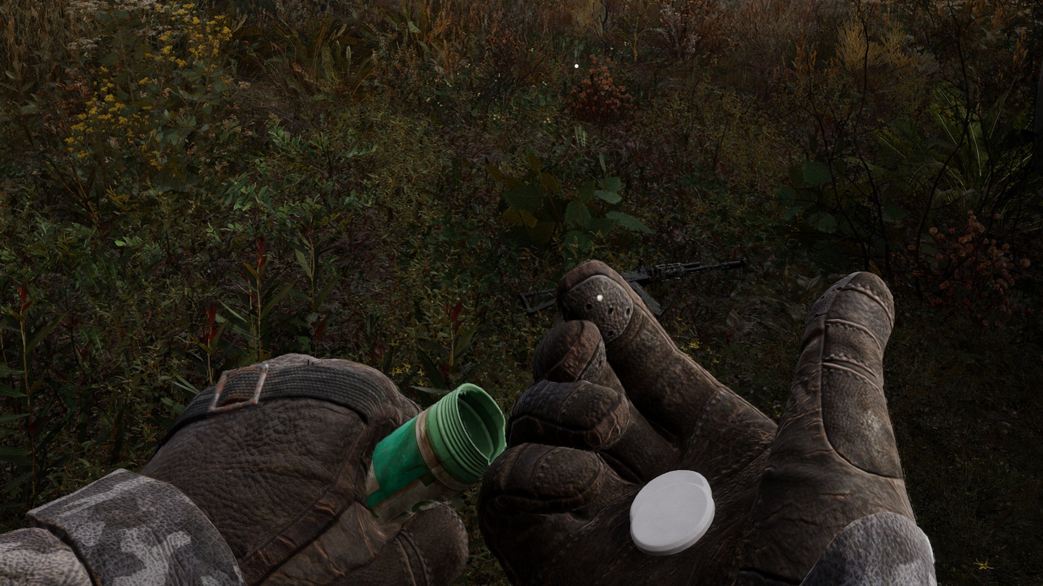 A close-up of the player's hands in Stalker 2 as they tip a Hercules pill from a tube into their hand. - 8