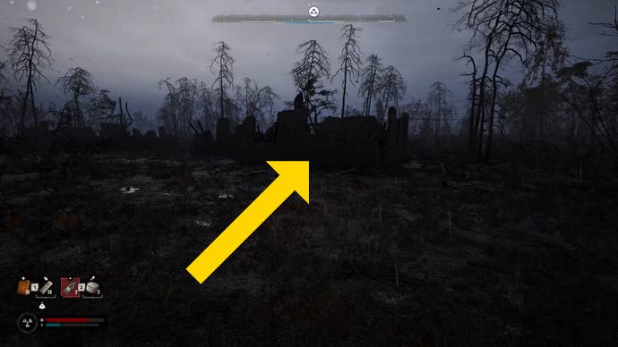 The player in Stalker 2 heads towards a ruin inside the Burnt Forest.
