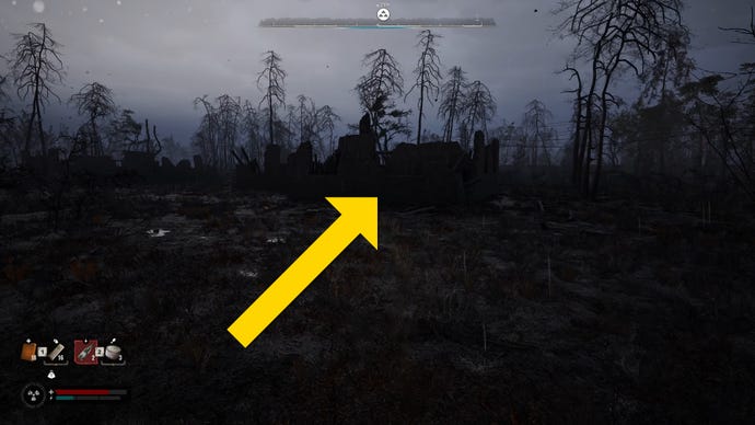 The player in Stalker 2 heads towards a ruin inside the Burnt Forest.