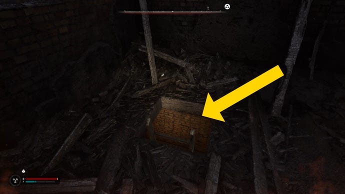 The player in Stalker 2 looks at a square hole in the floor of a ruined building, where a ladder leads down to a basement.