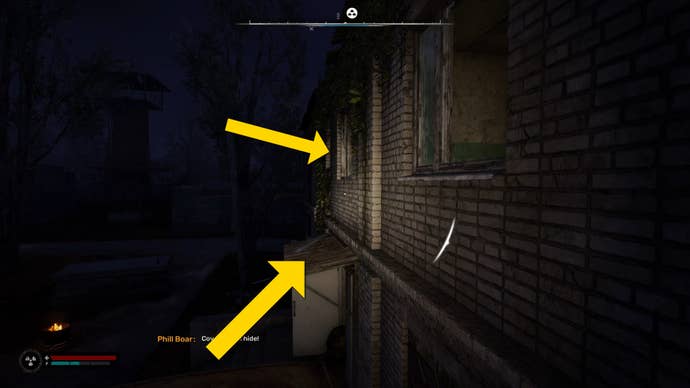 The player in Stalker 2 looks towards a platform on the side of a building just below a window.