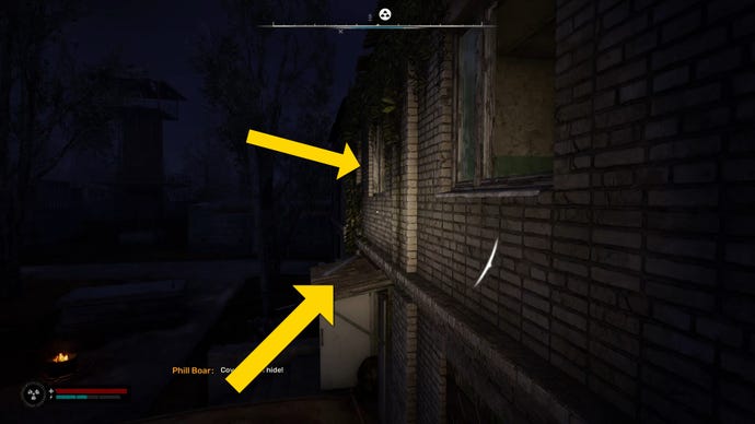 The player in Stalker 2 looks towards a platform on the side of a building just below a window.