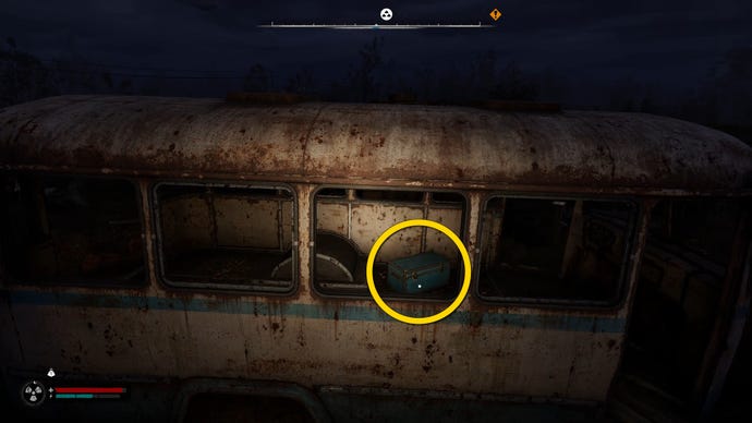 The player in Stalker 2 approaches a blue chest inside a broken down minibus.