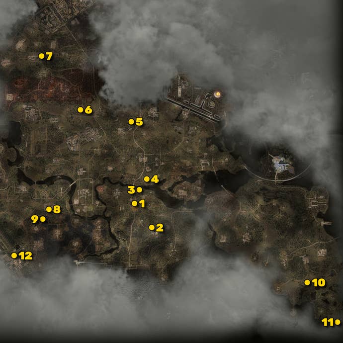 A map of the Zone in Stalker 2, with the locations of the 12 Journalist’s Stashes marked and numbered in yellow.