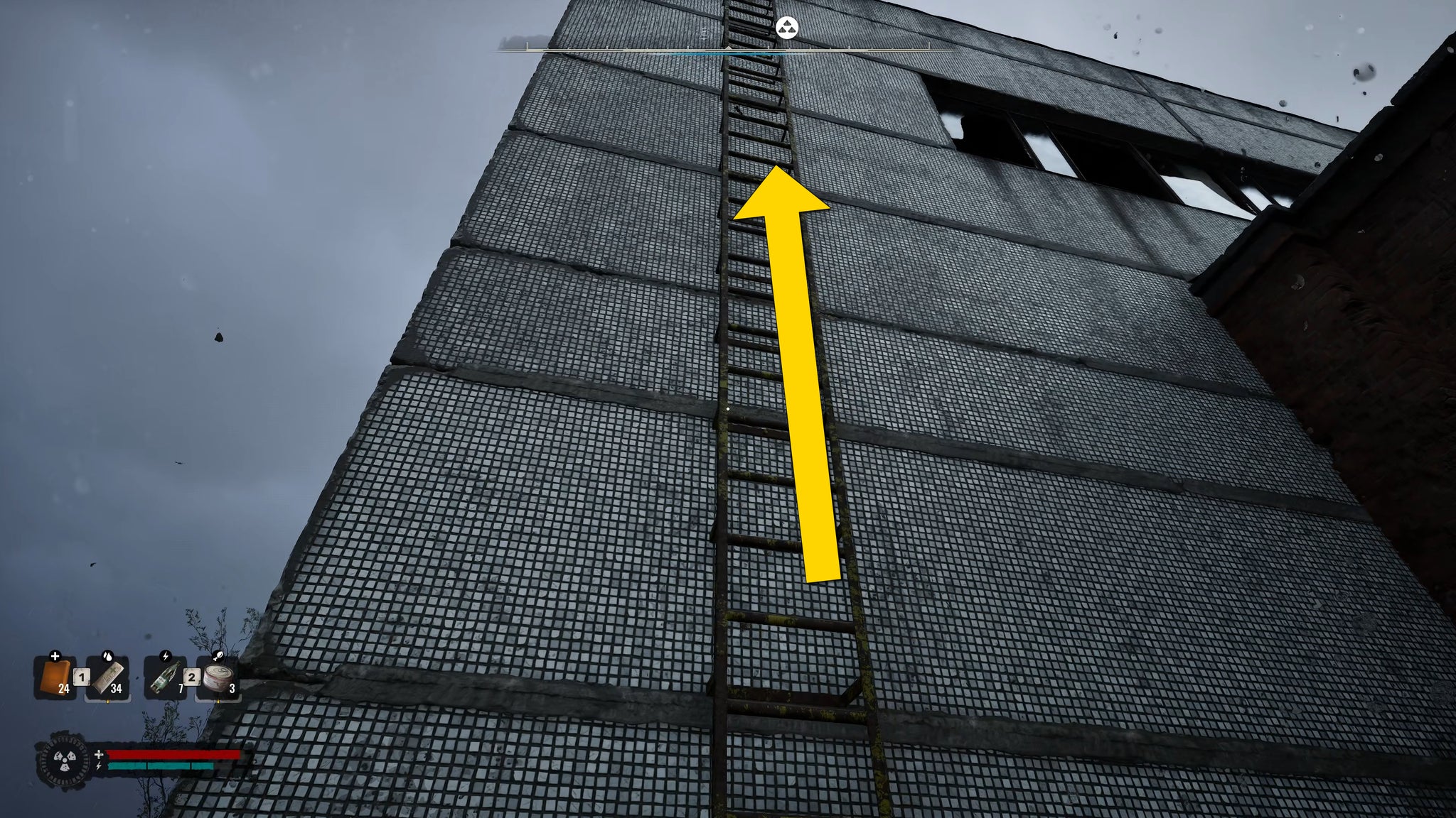 The player in Stalker 2 looks up at a ladder on the outer edge of a tall white building. - 9