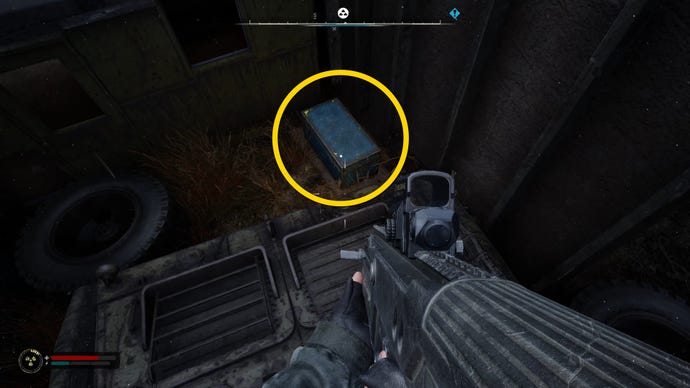 The player in Stalker 2 approaches a blue chest.