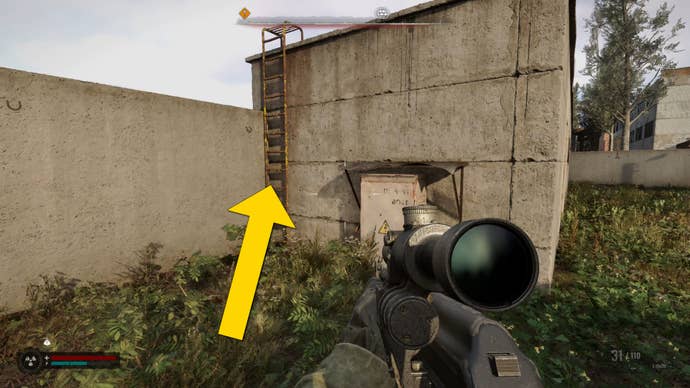 The player in Stalker 2 walks towards a ladder on the corner of a building next to the perimeter wall of an outpost.