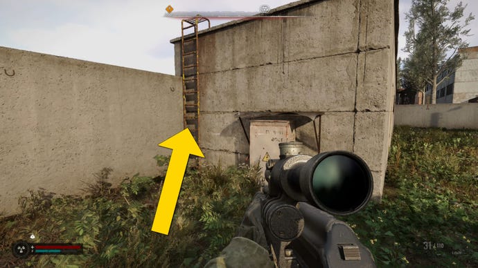 The player in Stalker 2 walks towards a ladder on the corner of a building next to the perimeter wall of an outpost.