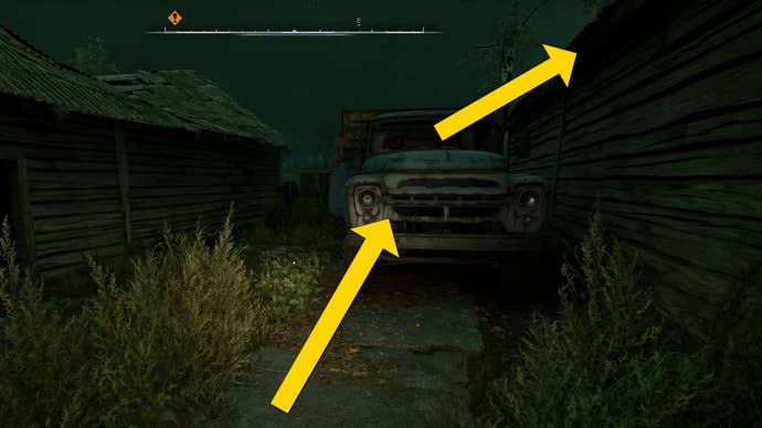 The player in Stalker 2 prepares to jump atop a small truck outside a house.