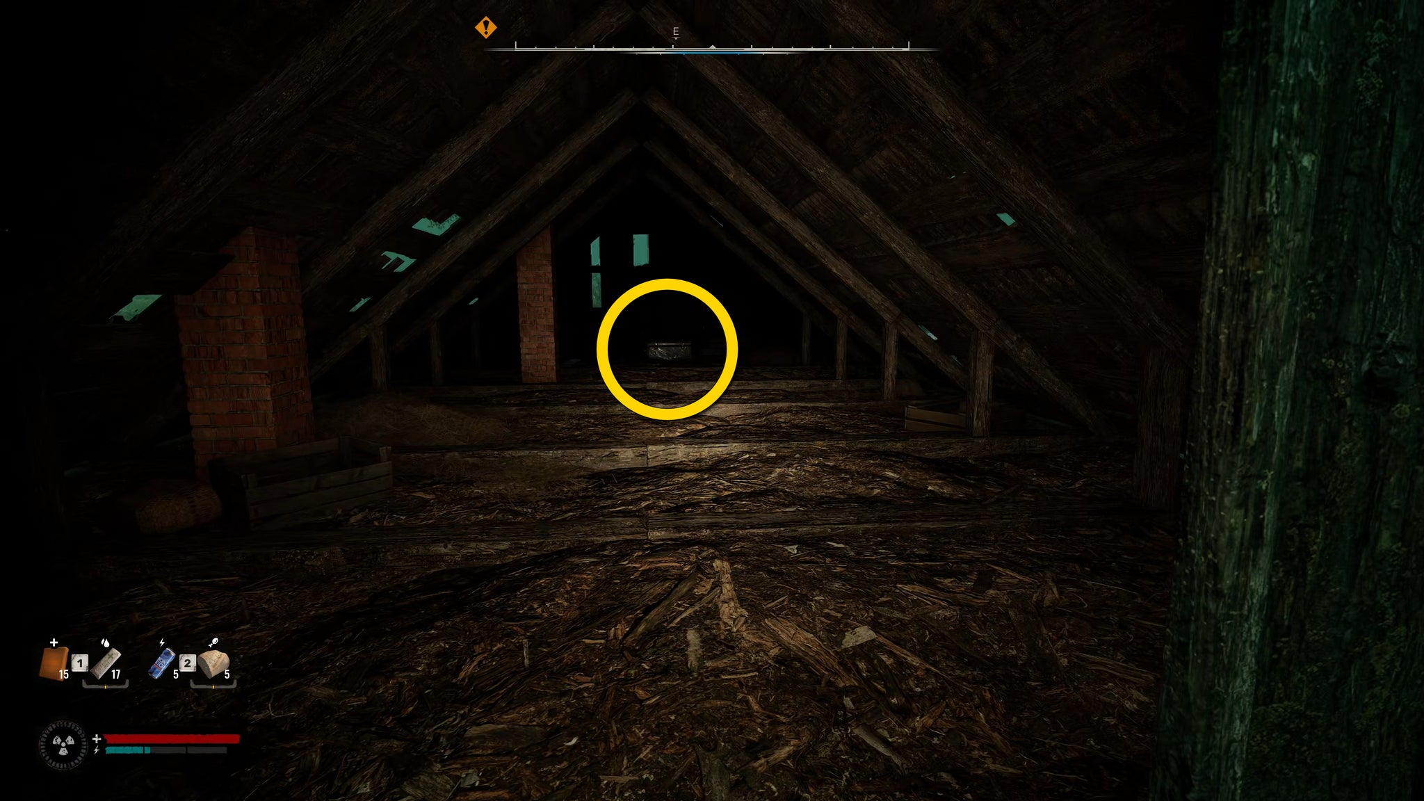 The player in Stalker 2 looks into a darkened attic room and sees a stash at the other side of the attic. - 6