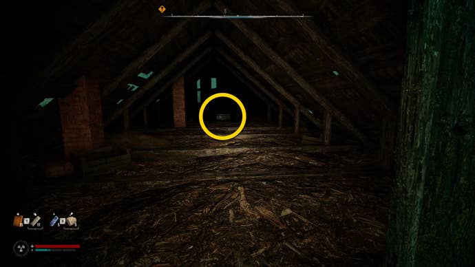 The player in Stalker 2 looks into a darkened attic room and sees a stash at the other side of the attic.