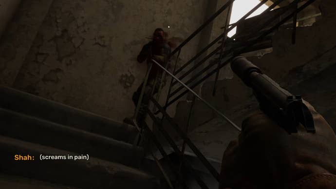 The player in Stalker 2 engages in a close-range firefight against the Shah in a stairwell.