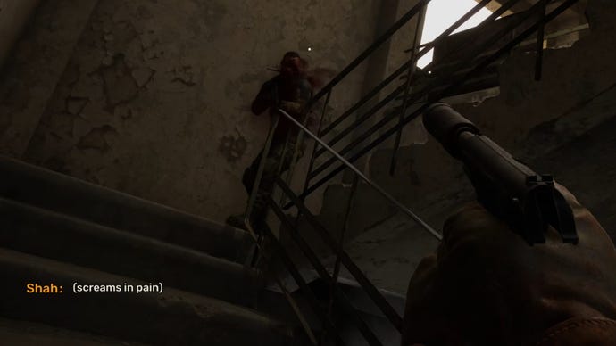 The player in Stalker 2 engages in a close-range firefight against the Shah in a stairwell.