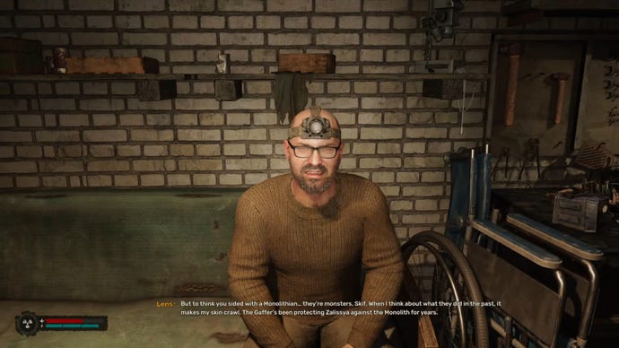 The player in Stalker 2 speaks to Lens in his workshop after completing “The Lost Boys” quest.