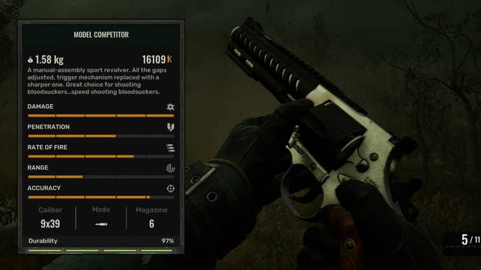 The player in Stalker 2 holds the Model Competitor. On the left side of the screen is the gun’s stats.