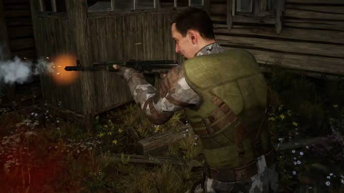 A close-up of the Ninth in Stalker 2 firing his rifle off-screen.