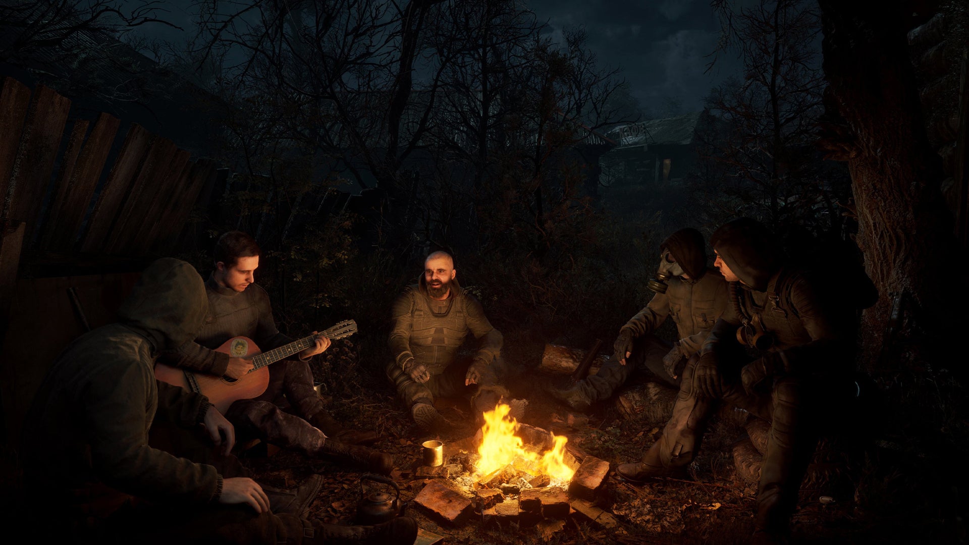 Stalker 2 promotional image of a group of men around a campfire outdoors. - 1