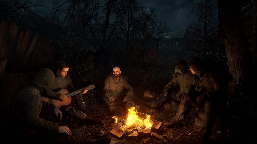 Stalker 2 promotional image of a group of men around a campfire outdoors.