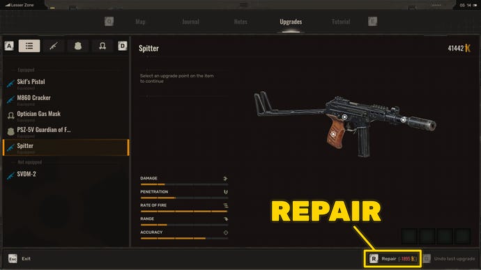 The upgrade screen in Stalker 2, with the button to repair a gun highlighted in yellow in the bottom-right corner of the screen.