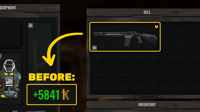 A close-up of part of the trade screen in Stalker 2, with a shotgun in the sell section highlighted, and the value of the trade enlarged in the corner of the screen.