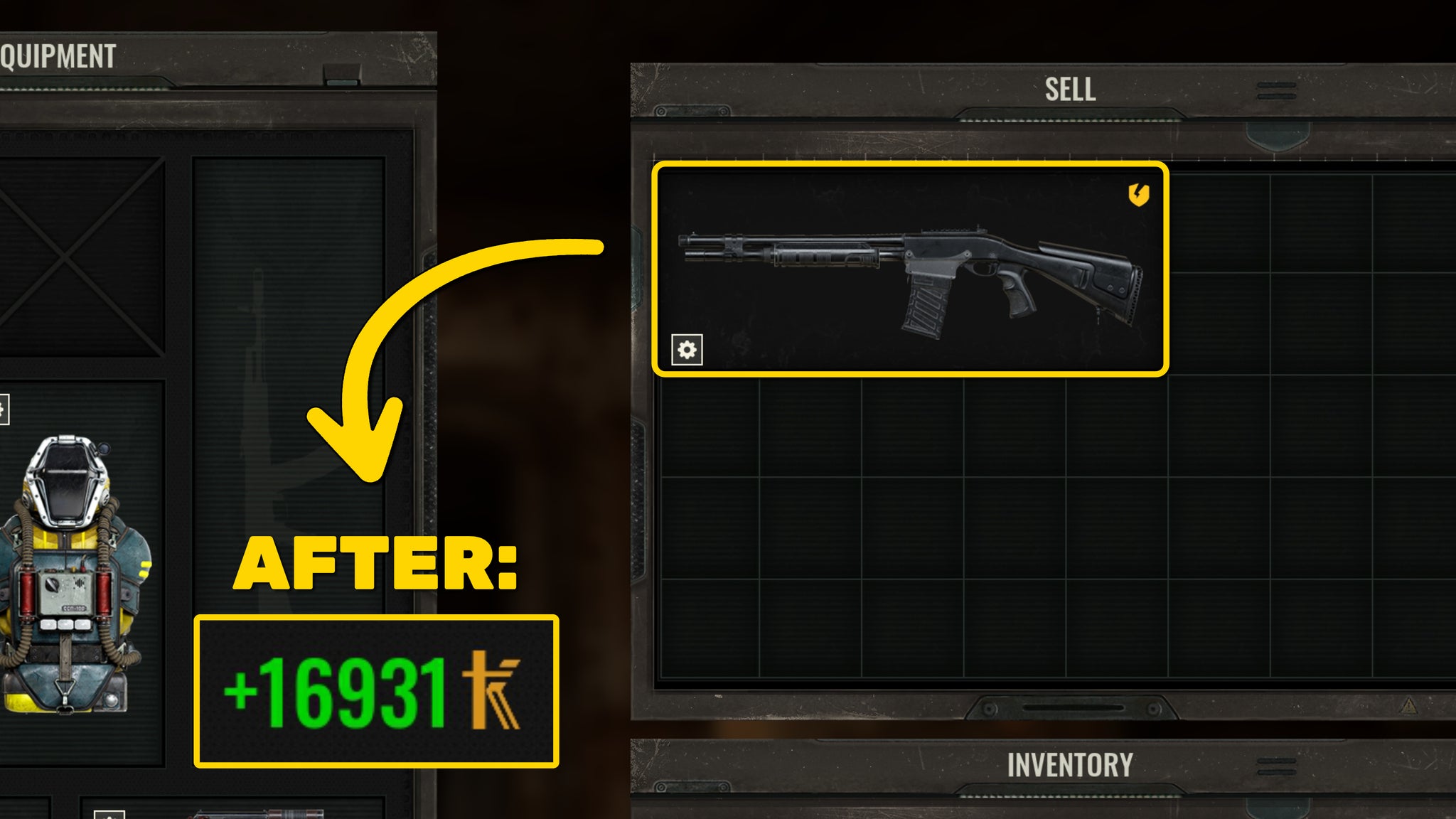 A close-up of part of the trade screen in Stalker 2, with a shotgun in the sell section highlighted, and the value of the trade enlarged in the corner of the screen. - 6