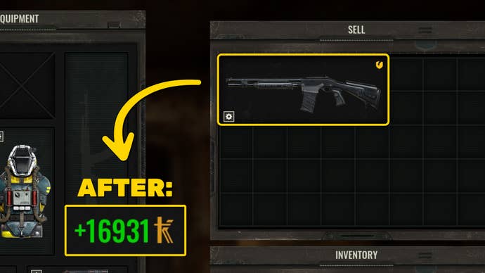 A close-up of part of the trade screen in Stalker 2, with a shotgun in the sell section highlighted, and the value of the trade enlarged in the corner of the screen.