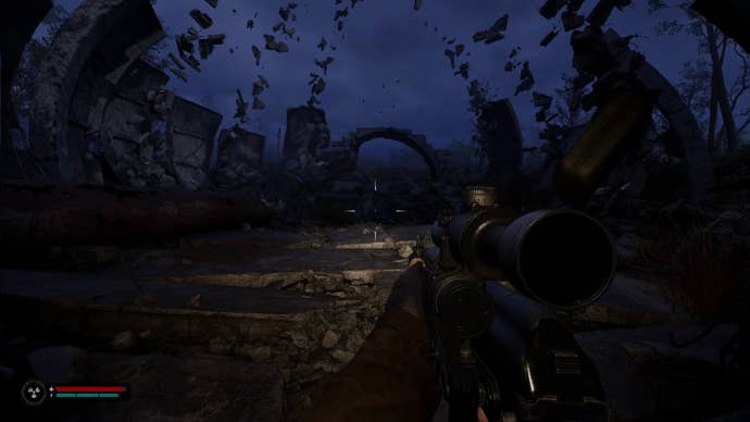 The player in Stalker 2 stands in the middle of the Ribs, an area filled with gravitational anomalies.