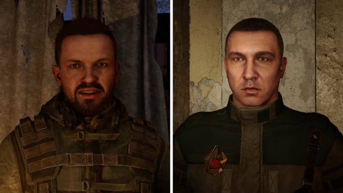 Side-by-side close-up shots of Richter and Captain Zotov, two characters in Stalker 2.